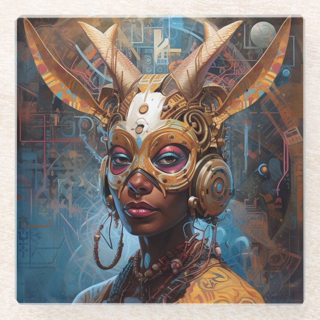 Posavasos De Vidrio Ciberpunk de ciencia ficción Antelope Headdress (Anverso)