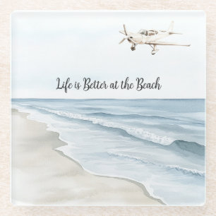 Posavasos De Vidrio Cielo Azul Playa Océano Costa Avión Blanco