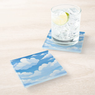 Posavasos De Vidrio Cielo Lleno de Nubes   Pintura de Cielo Azul Acuar