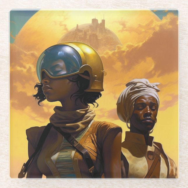 Posavasos De Vidrio Ciencia ficción afrofuturista de los exploradores  (Anverso)