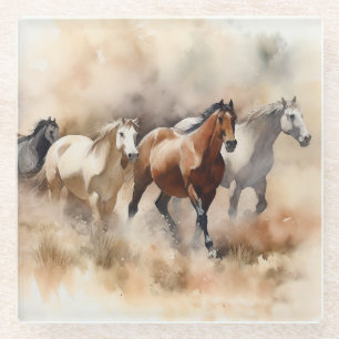 Posavasos De Vidrio “Cinco Mustangs Galopando” Acuarela del Oeste Polv