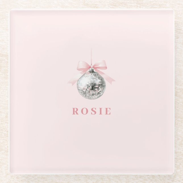Posavasos De Vidrio Cinta rosa Coquette Disco Ball personalizada (Anverso)