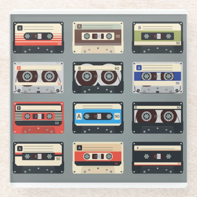 Posavasos De Vidrio Cintas de cassette retro años 80 (Anverso)