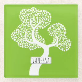 Posavasos De Vidrio Círculo abstracto blanco de árbol y nombre, verde 