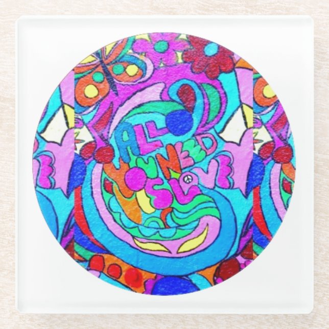 Posavasos De Vidrio circulo de amor hippie groovy (Anverso)