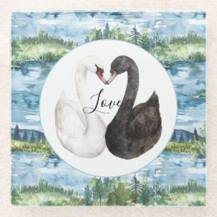 Posavasos De Vidrio Cisnes románticos Nenúfares Lago Azul
