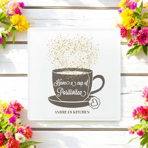 Posavasos De Vidrio Cita de Tea Cup Marrón Blanco Amarillo Inspirador