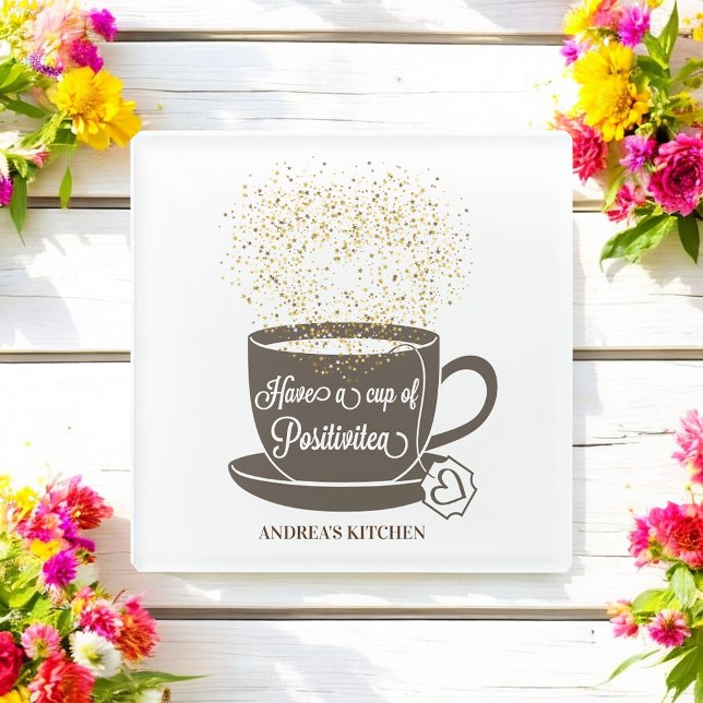 Posavasos De Vidrio Cita de Tea Cup Marrón Blanco Amarillo Inspirador (Subido por el creador)