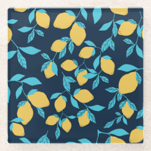 Posavasos De Vidrio Citro simple: limones en azul.