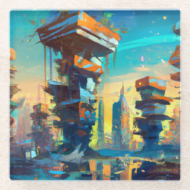 Posavasos De Vidrio Ciudad distópica futurista, pintura generada por I (Anverso)