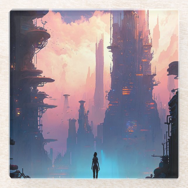Posavasos De Vidrio Ciudad futurista de ciencia ficción (Anverso)