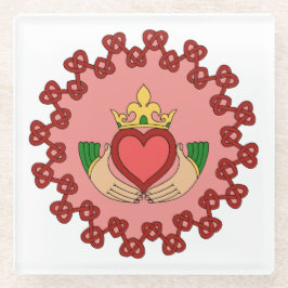Posavasos De Vidrio Claddagh y Red Knotwork sobre rosa
