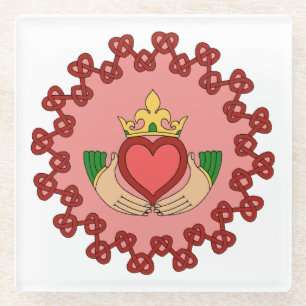Posavasos De Vidrio Claddagh y Red Knotwork sobre rosa