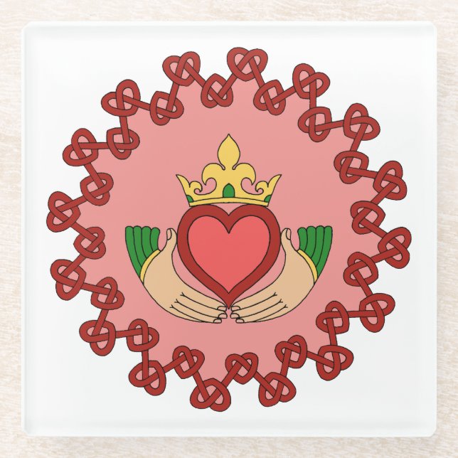 Posavasos De Vidrio Claddagh y Red Knotwork sobre rosa (Anverso)