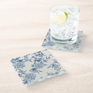 Posavasos De Vidrio Clásico Estampado Toile Floral Azul Acuarela Blanc