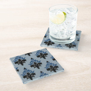 Posavasos De Vidrio Clásico estilo Damasco azul y negro 