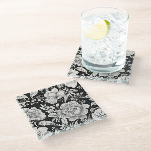 Posavasos De Vidrio Clásico Floral Blanco y Negro Vintage