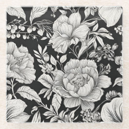 Posavasos De Vidrio Clásico Floral Blanco y Negro Vintage