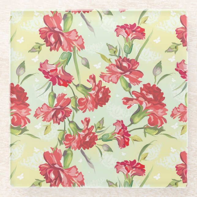 Posavasos De Vidrio Claveles rojos en verde con las mariposas (Anverso)