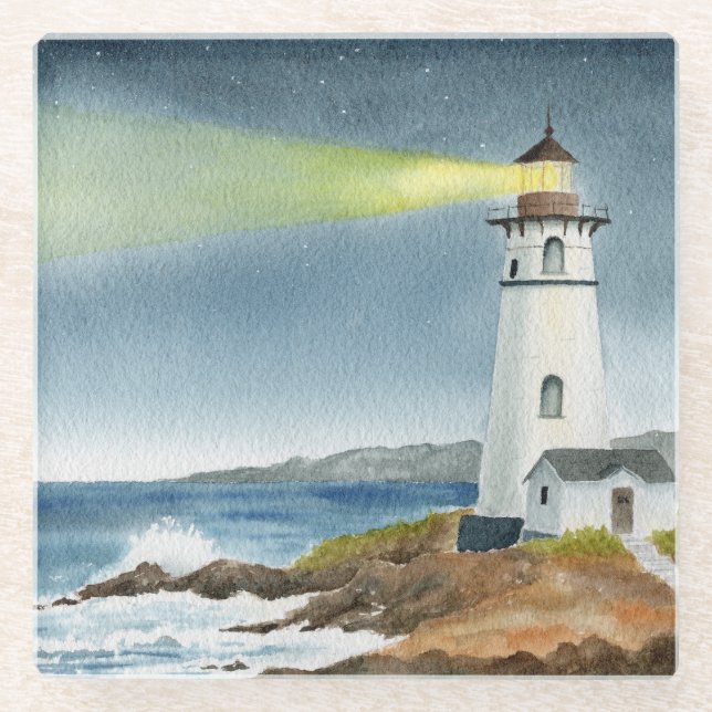 Posavasos De Vidrio Coastal Lighthouse with Light Beam (Anverso)