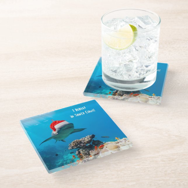 Posavasos De Vidrio Coaster, Shark Christmas (Angular)