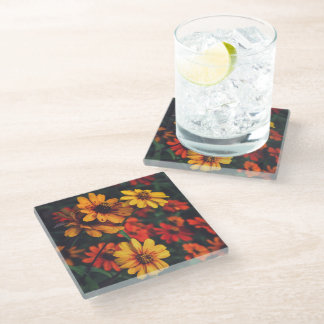 Posavasos De Vidrio Coaster Yellow Orange Daisy Floral Botanical