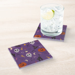 Posavasos De Vidrio Coasters de Halloween – Calaveras, Calabazas y Gat