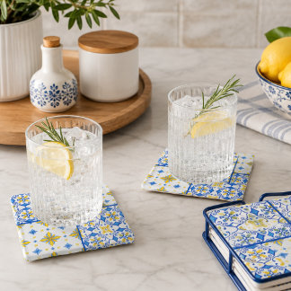 Posavasos De Vidrio Cocina de azulejos mediterráneos amarillos azules