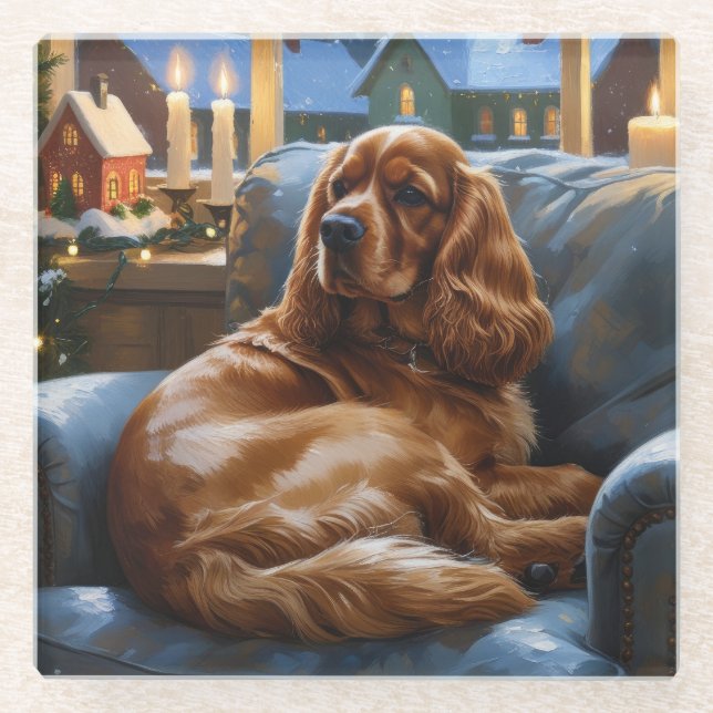 Posavasos De Vidrio Cocker Spaniel con Navidades Luces feriado (Anverso)