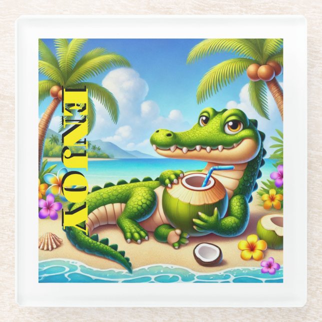 POSAVASOS DE VIDRIO COCODRILLO CON AGUA DE COCO (Anverso)