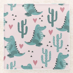 Posavasos De Vidrio Cocodrilo lindo, patrón lagarto vintage.