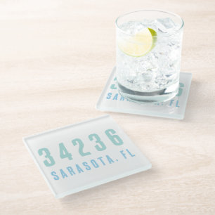 Posavasos De Vidrio Código postal personalizado, ciudad, blues costero