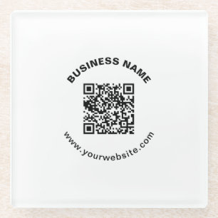 Posavasos De Vidrio Código QR con nombre de empresa texto circular en 