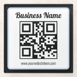 Posavasos De Vidrio Código QR y texto editables con borde azul claro