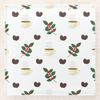 Posavasos De Vidrio Coffee Pattern with Beans, Cups, and Coffee trees