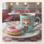 Posavasos De Vidrio Coffee y donut judos en retro diner<br><div class="desc">Una bonita montaña rusa de vidrio. Una fresa y una taza de café caliente en la cena. La taza de café tiene un lindo gato kawaii. Colores retro pastel como el rosa y el verde azulado.</div>