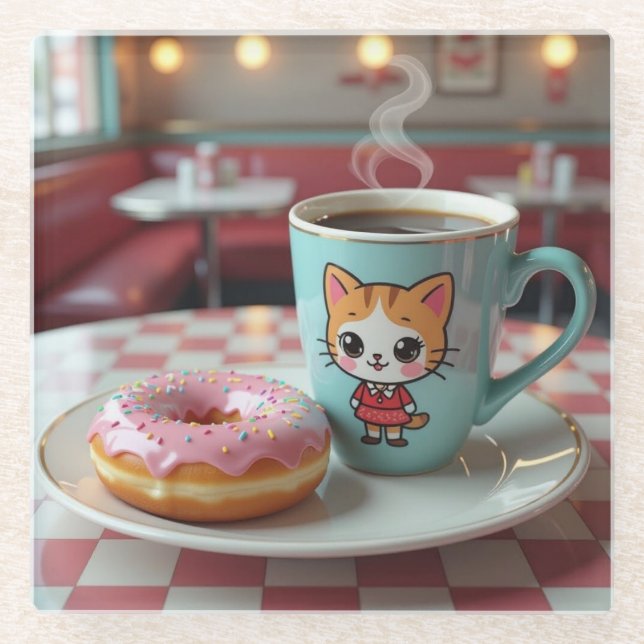 Posavasos De Vidrio Coffee y donut judos en retro diner (Anverso)