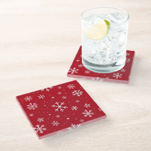 Posavasos De Vidrio Cojín rojo con patrón de copos de nieve blancos