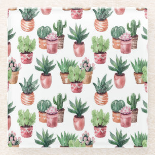 Posavasos De Vidrio Colección de cactus en macetas, acuarela.