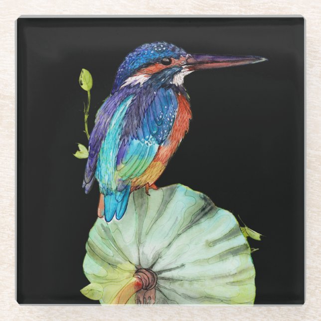 Posavasos De Vidrio colibrí pintado de bonito sobre negro (Anverso)
