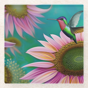 Posavasos De Vidrio Colibrí y girasol rosa