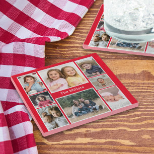 Posavasos De Vidrio Collage de 8 fotos personalizadas Nombre de famili