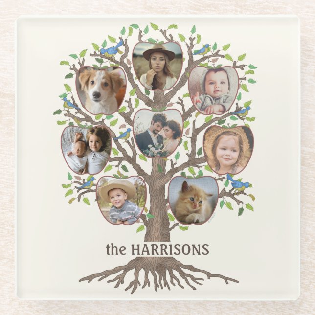 Posavasos De Vidrio Collage de fotos De Árbol Familiar 8 Imágenes Nomb (Anverso)