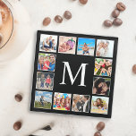 Posavasos De Vidrio Collage de fotos personalizado familiar personaliz<br><div class="desc">Crea tu propio collage personalizado de 12 fotos,  una montaña rusa con tus imágenes personalizados sobre un sencillo fondo negro moderno. La cara de la montaña rusa también incluye su monograma. Añade tus fotos,  diseños o obras de arte favoritas para crear algo realmente único.</div>