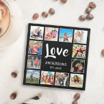 Posavasos De Vidrio Collage de fotos personalizado familiar personaliz<br><div class="desc">Crea tu propio collage personalizado de 12 fotos, una montaña rusa con tus imágenes personalizados sobre un sencillo fondo negro moderno. La cara de montaña rusa también incluye el nombre de tu familia, el año establecido y un guión escrito a mano con "Amor". Añade tus fotos, diseños o obras de...</div>