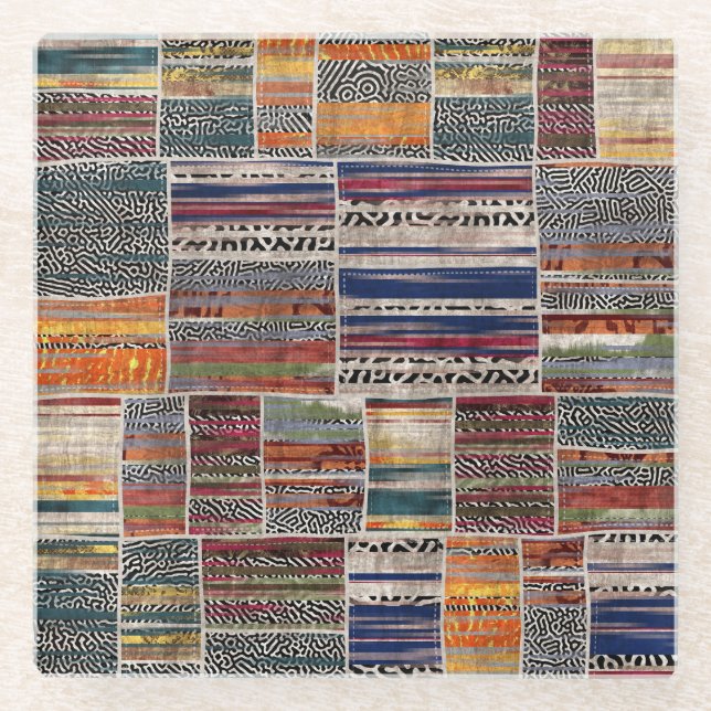 Posavasos De Vidrio Collage de mosaico: patrón de tejido mixto. (Anverso)