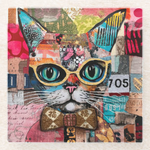 Posavasos De Vidrio Collage de papel mixto de gato