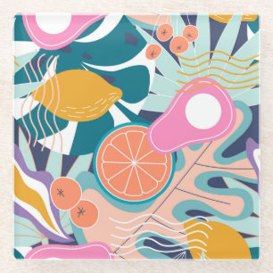 Posavasos De Vidrio Collage exótico y moderno de la jungla.