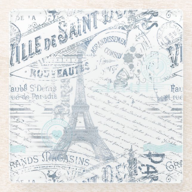 Posavasos De Vidrio Collage francés antiguo Romance Blue ID226 (Anverso)