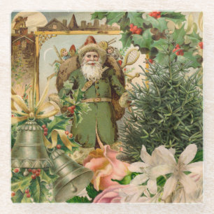 Posavasos De Vidrio Collage Navideño de Santa Verde del Viejo Mundo An